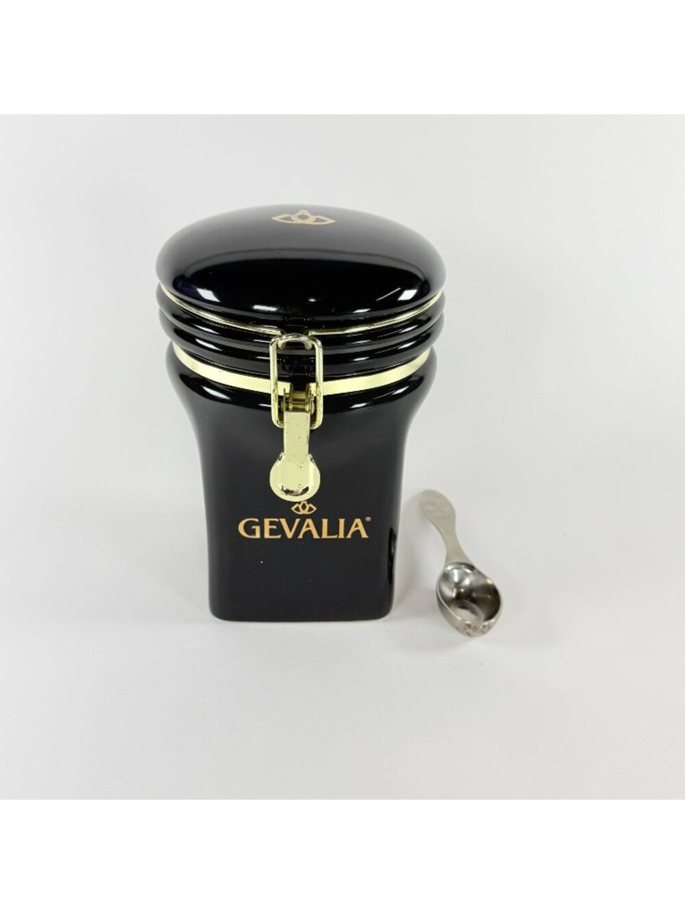 Gevalia Black Coffee Canister W/Gold Locking Lid Stainless Steel Measuring Spoon
